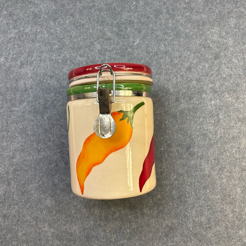 Vintage Ceramic Hand Painted Canister with Latch Red Green Yellow Pepper Design